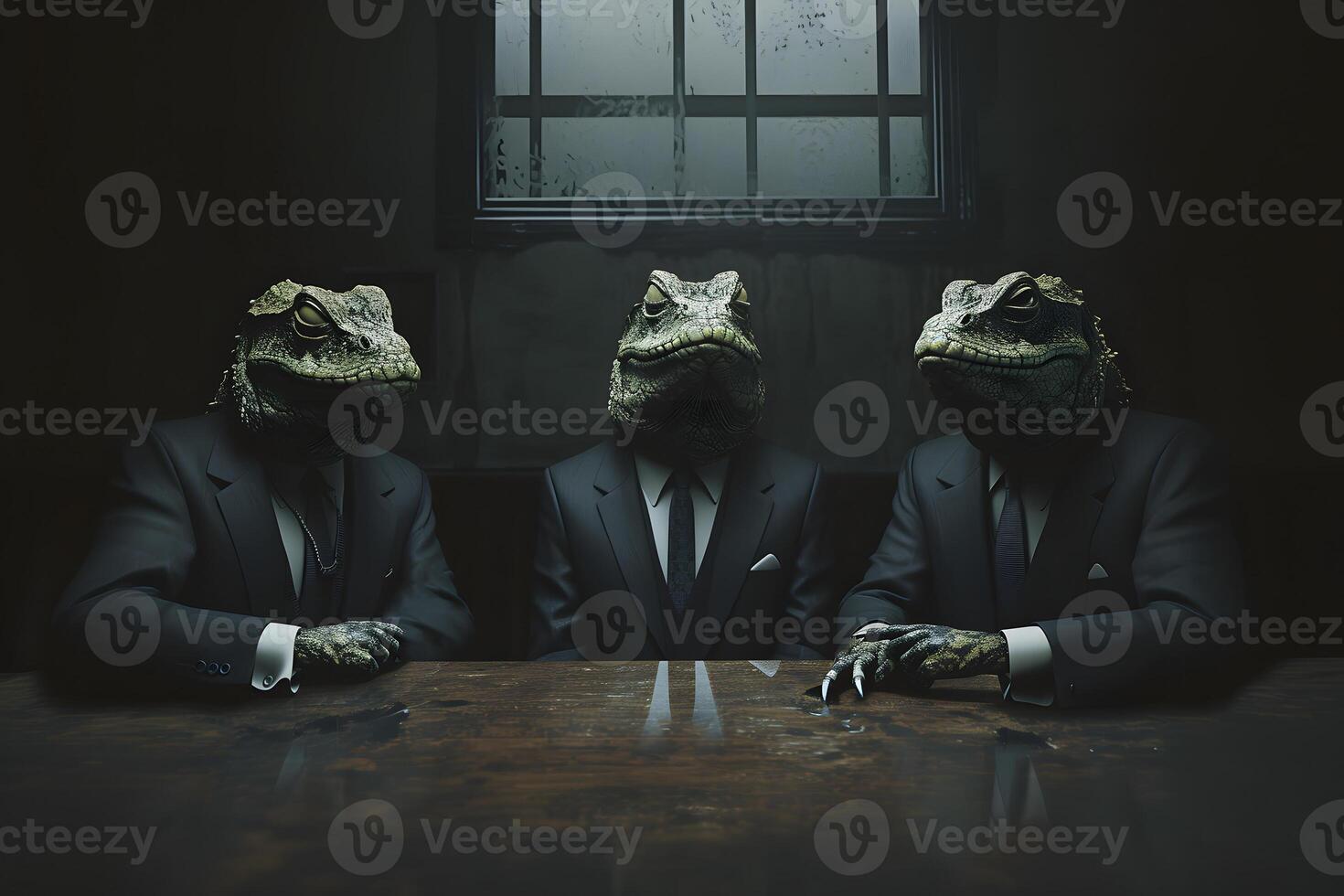 AI Generated Three reptile men in business suits sitting at the table in dark room, secret world government concept photo
