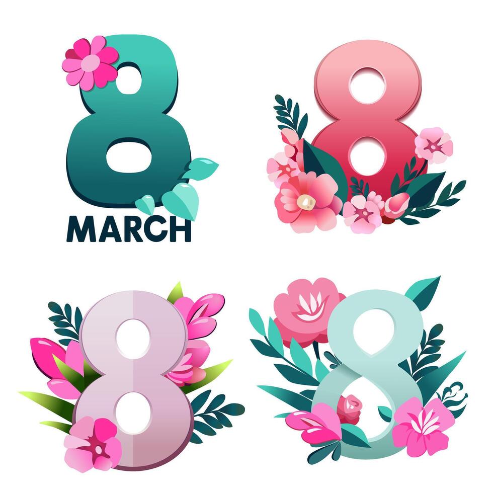 vector conjunto de vistoso escritura texto con flores por 8 marzo. número ocho por mujer día en plano diseño. aislado negrita letras para logo diseño, volantes, bandera, póster, calendario, saludo tarjeta