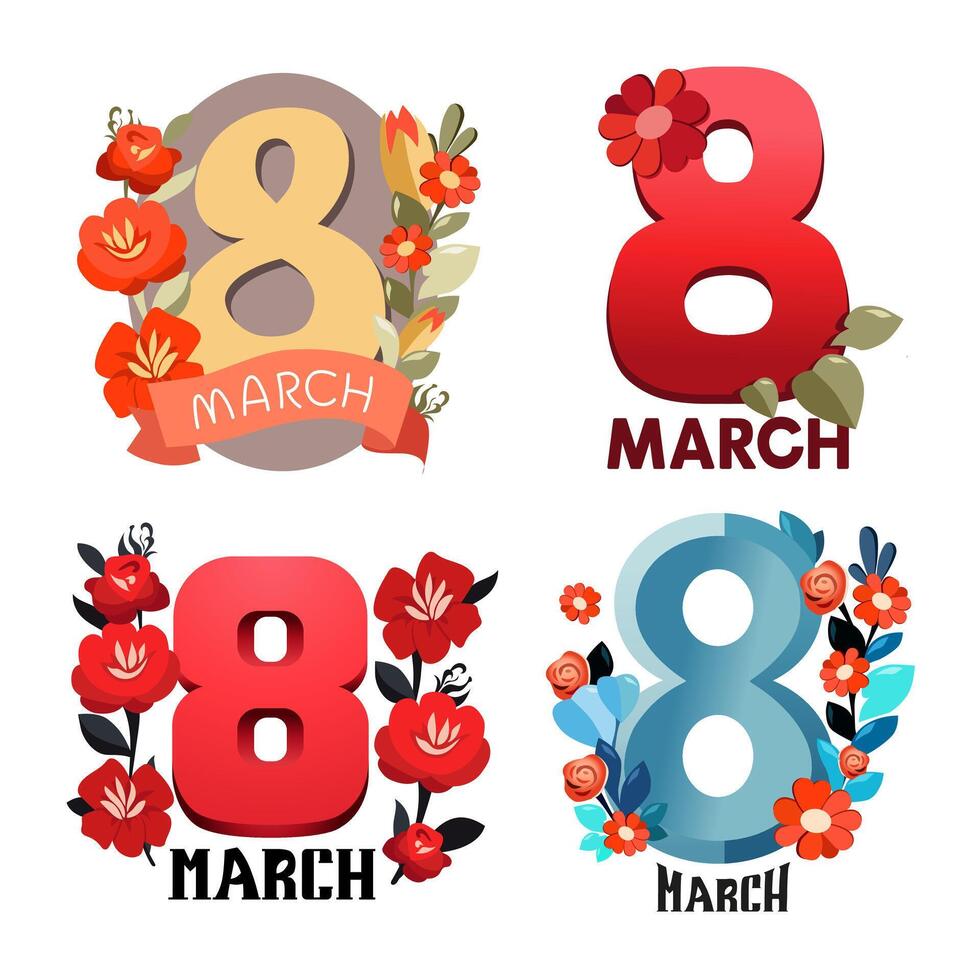 Vector set of colorful handwriting text with flowers by 8 march. Number eight by women day in flat design. Isolated bold lettering for logo design, flyer, banner, poster, calendar, greeting card