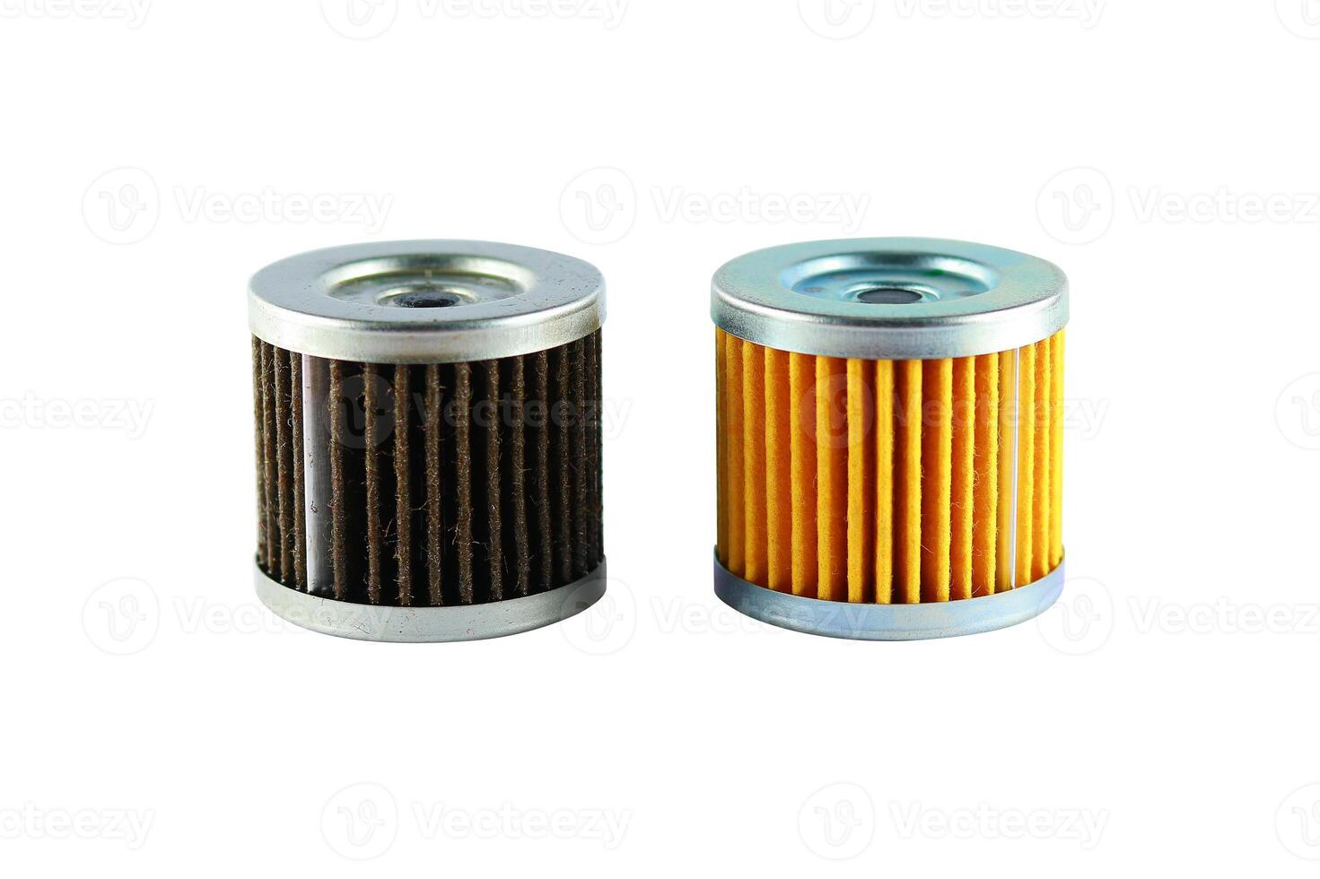 Used and unused Motorcycle oil filters are isolated on a white background, Clipping path included for easy selection photo