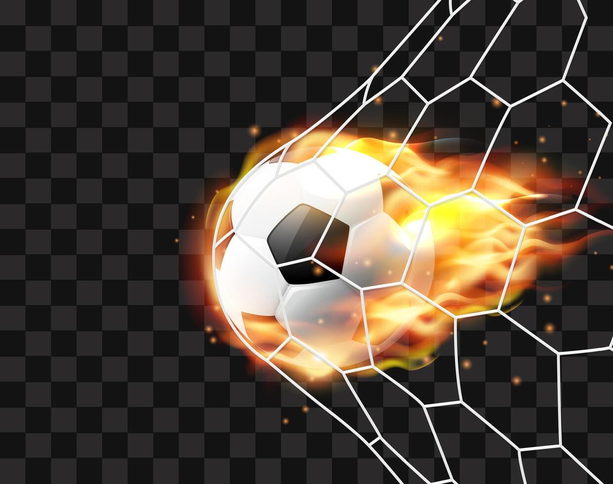 Football ball hitting the net,soccer ball with fire tongues vector