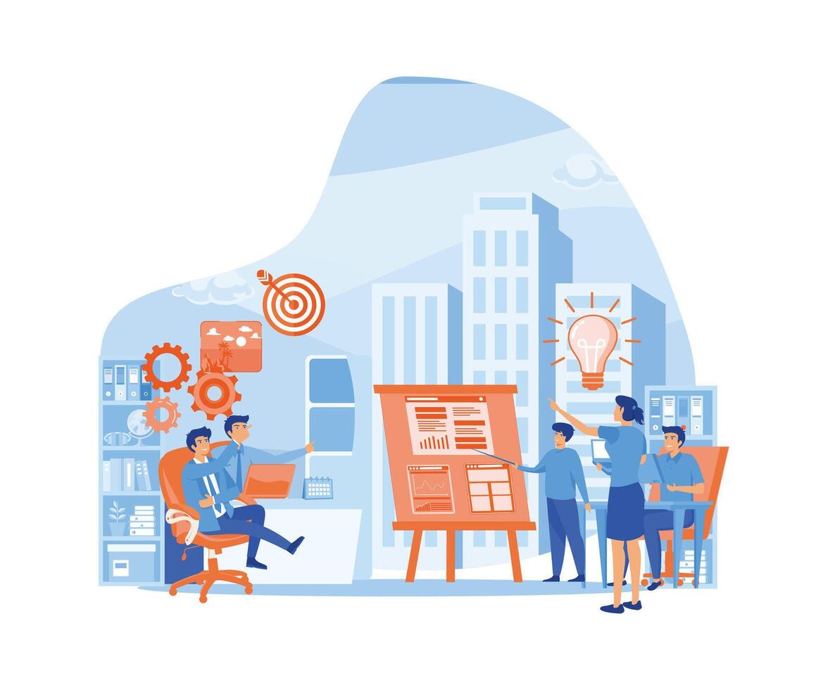 Business Idea concept. Working people are looking for new ideas and career-enhancing decisions towards success. flat vector modern illustration