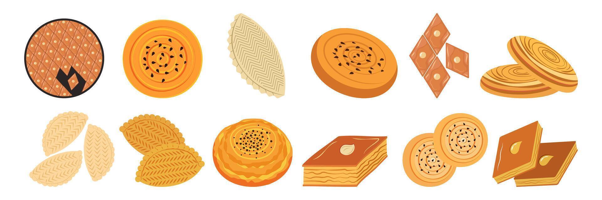 Nowruz holiday with sweets as baklava, desserts, Shakarbura and tasty, snacks. Spring Novruz. vector