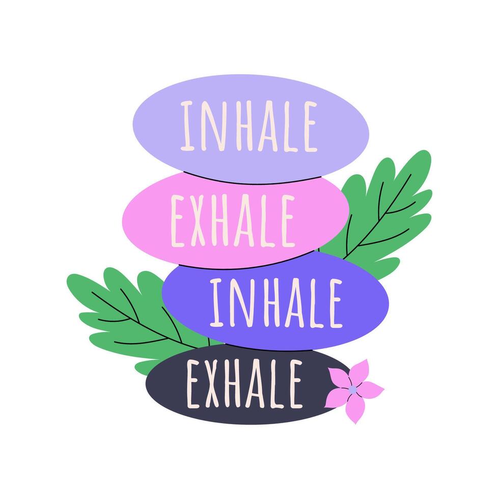 Balance pebbles with words Inhale, Exhale with handdrawn leaves and flower. Vector concept of well being.