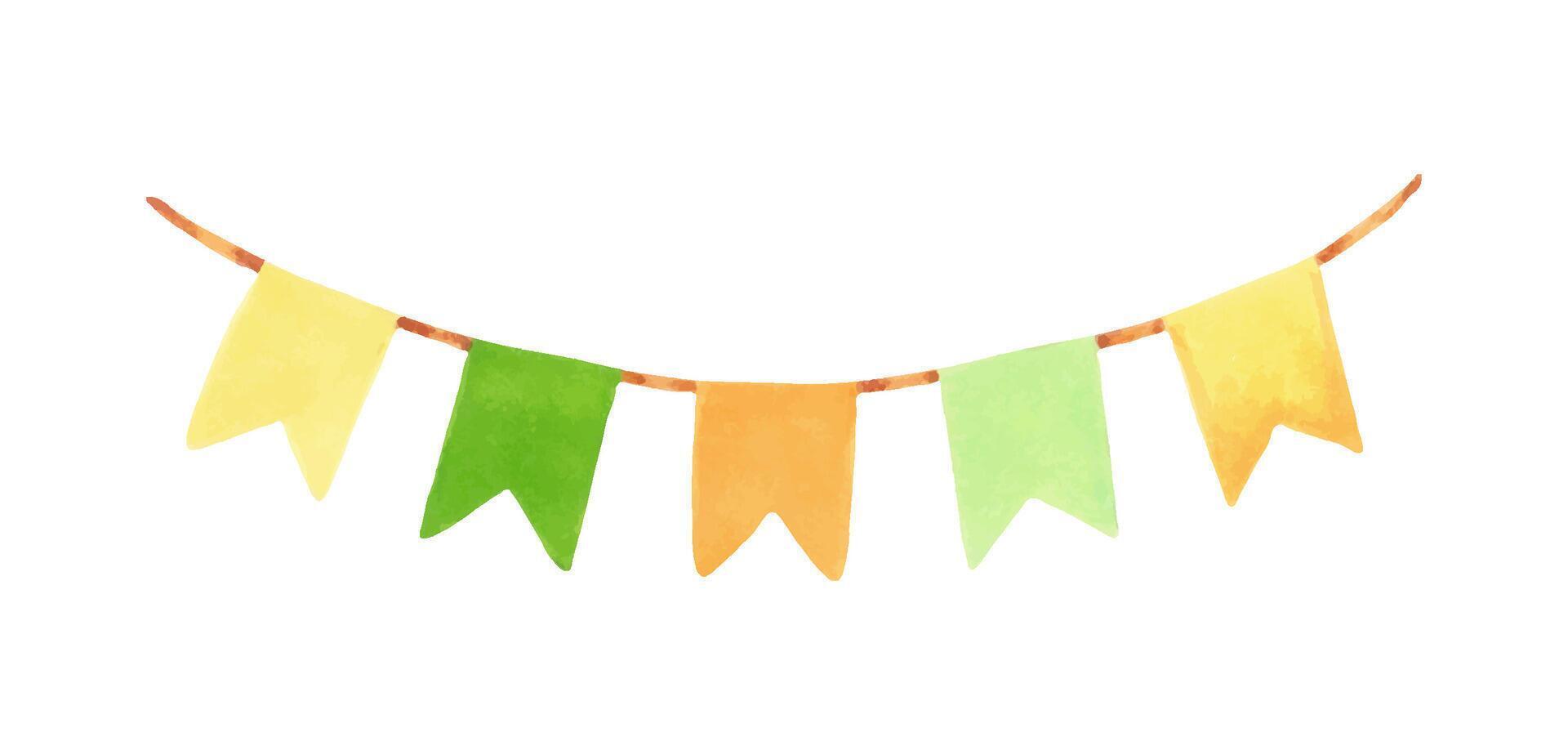 St. Patrick's Day garland.Watercolor and markers illustration.Hand drawn isolated clip art of holiday bunting.Hanging flags for holiday celebration. For design, decor, flyers, printing vector