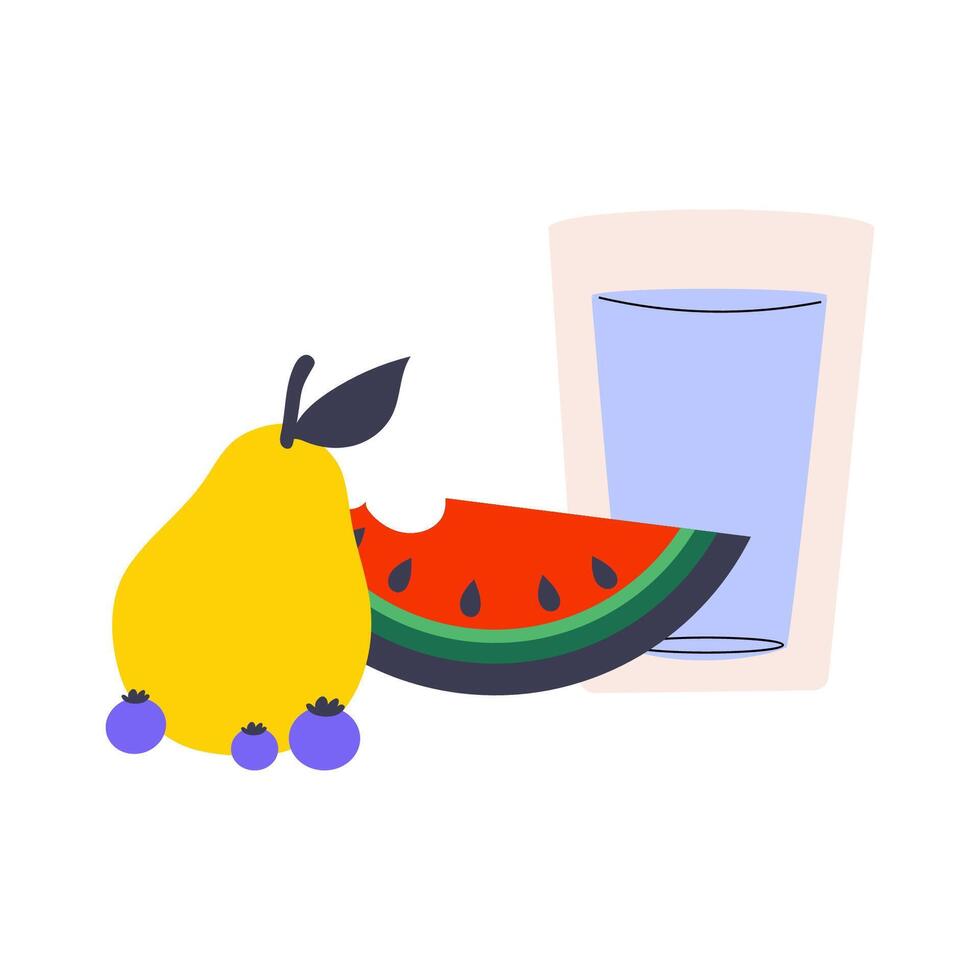 vistoso ilustración de pera, sandia,, arándanos y vaso de agua. dibujado a mano comiendo sano vector concepto.