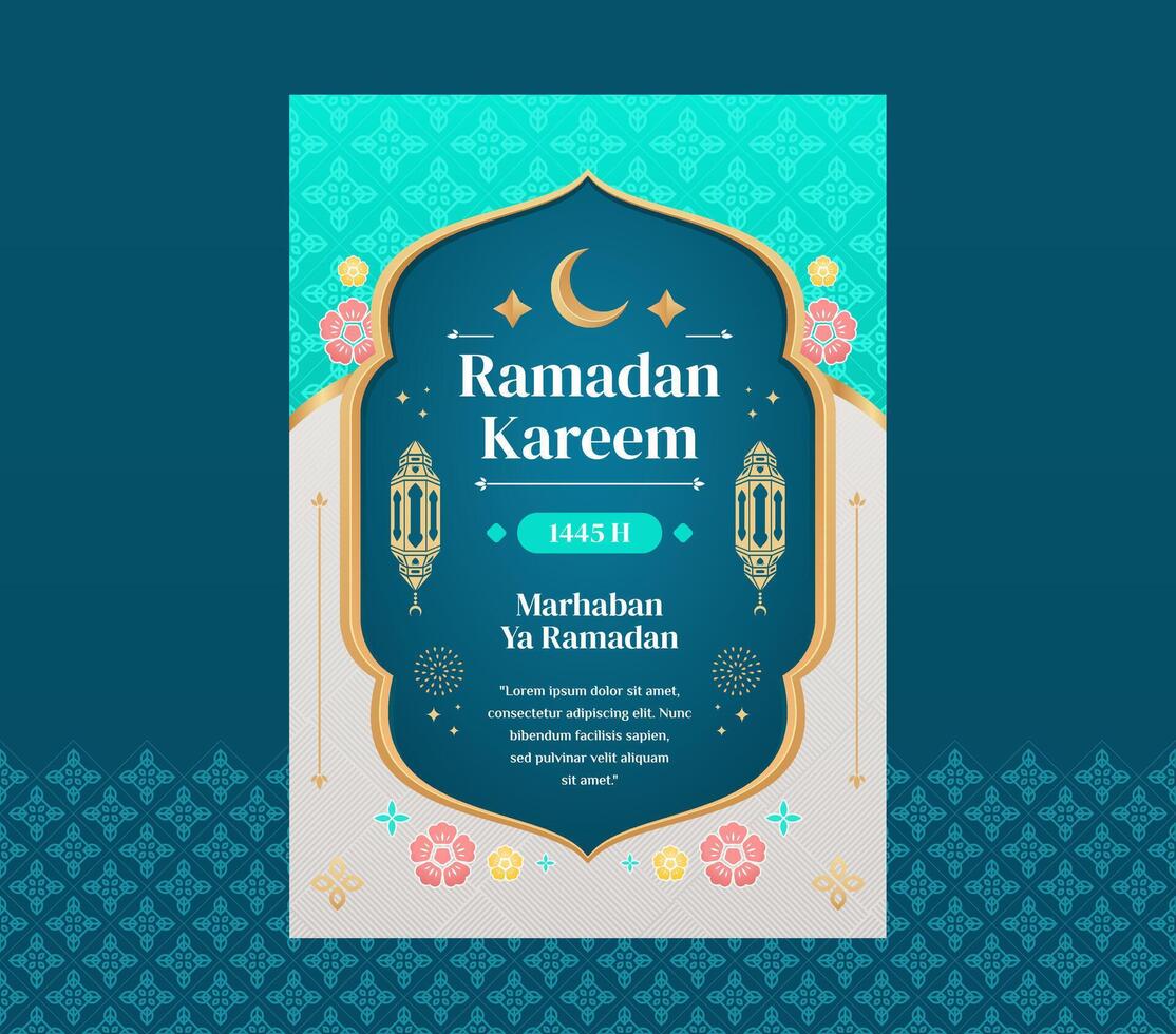 Ramadan kareem a4 poster greeting card design template with turquoise color for ramadan celebration vector