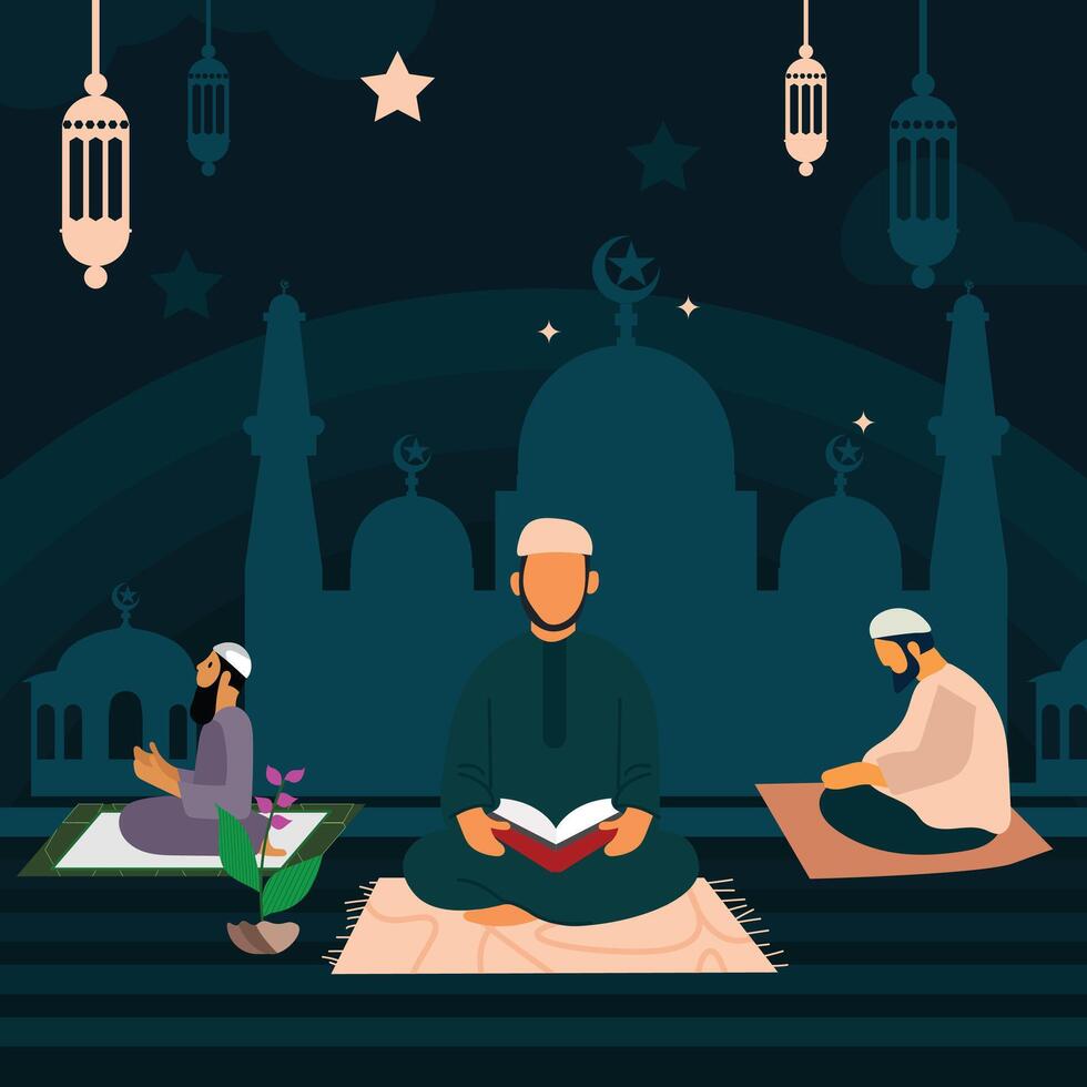 fllat Ramadán con ver de Orando musulmanes con siluetas de mezquita en vector ilustración