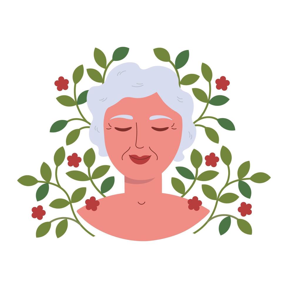 retrato hermosa antiguo mujer con arrugas, plantas y flores mano dibujado plano vector ilustración. concepto de mental salud, yo cuidado. contento mayor mujer sensación seguro, relajarse, aceptar, amor sí misma