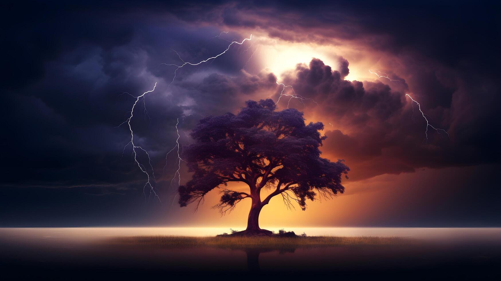 AI generated A silhouette of a lone tree against a lightning-lit sky. Ai Generated photo