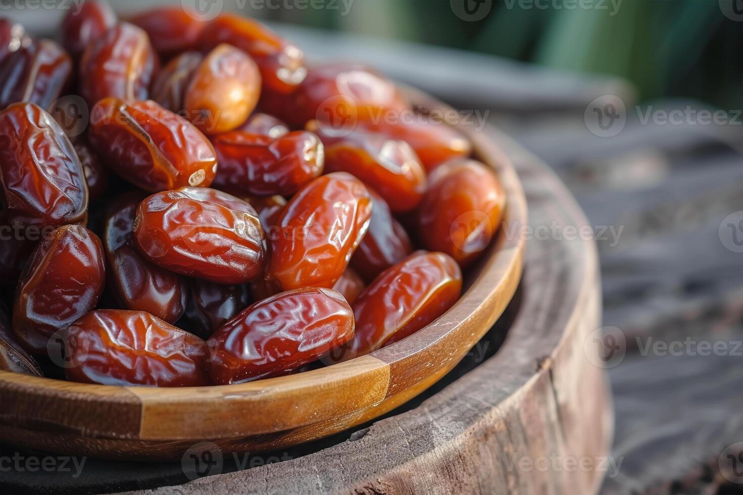 AI generated Ramadan Dates Palm Fruit On A Wooden Plate photo