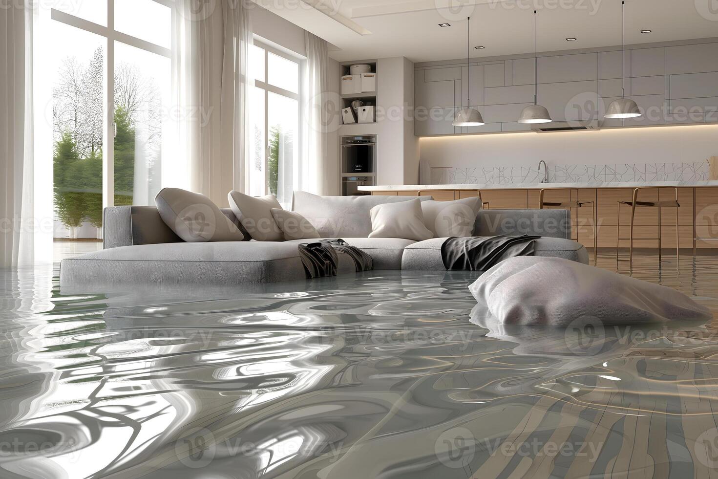 AI Generated Home Floor Flooded, Showcasing Water Damage And Potential Issues photo