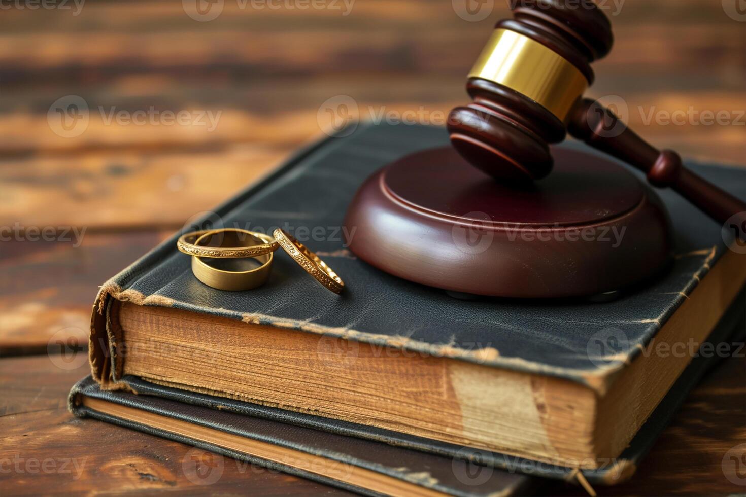 AI generated Divorce law, family law concepts. Court gavel ,ring and law book at lawyer office photo