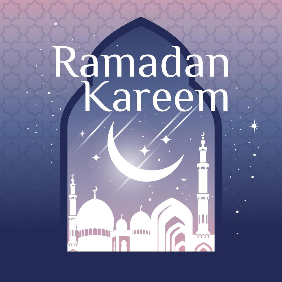 The mystical night of Ramadan. Silhouettes of a traditional Arabic city with mosques on minorets in the window. Bright Starry Night and World of the Moon. Square vector postcard