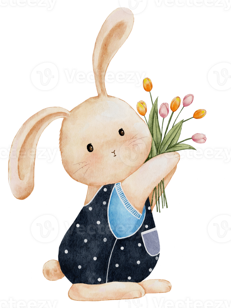 schattig konijn Holding tulp bloem, tekenfilm waterverf hand- verf konijn konijn, haas karakter element voor Pasen kaart, lente, zomer poster, illustratie geïsoleerd portret dier png