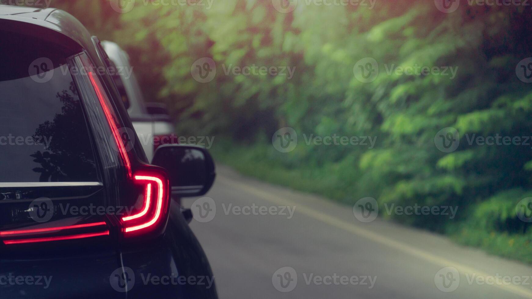 Rear side view of dark car with red light of brake. Driving speed on the aspahtl road with blurred of green forest beside road. photo