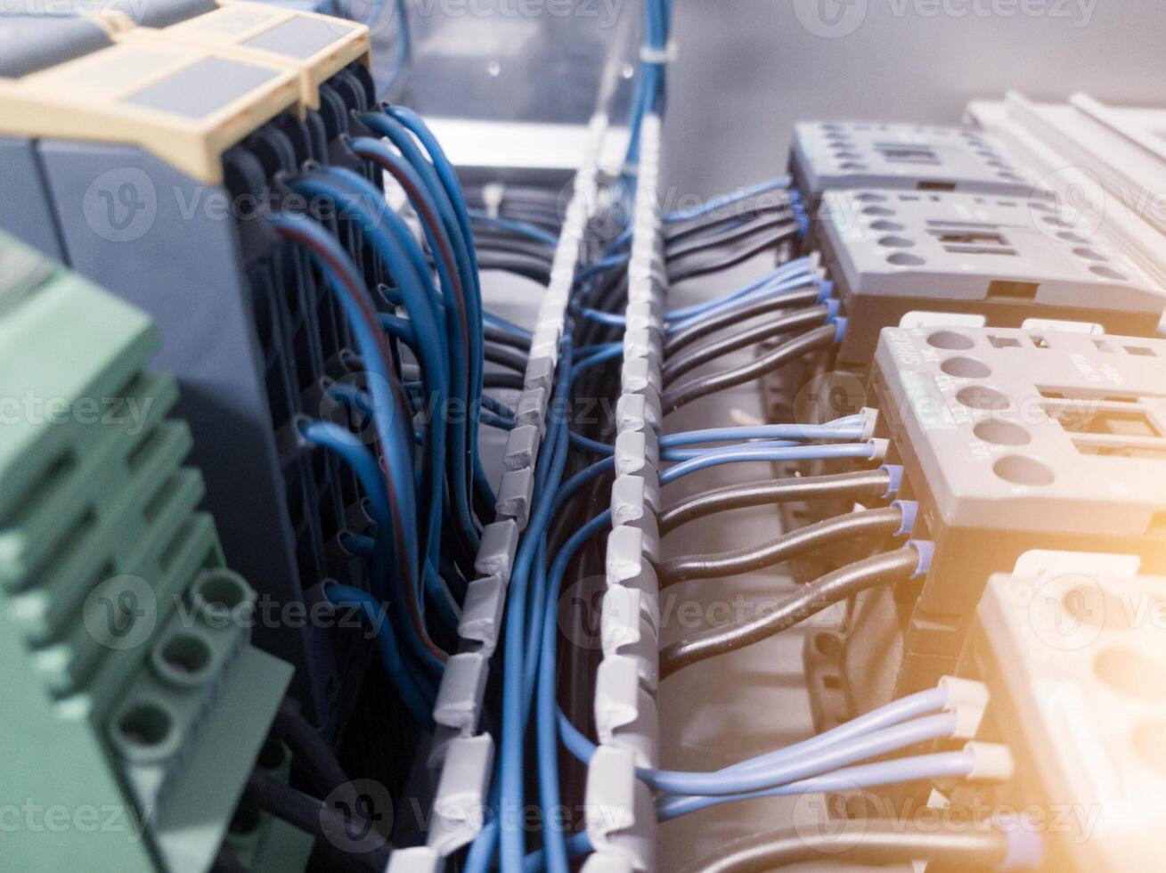 Terminal connection relay control, automatic relay control on the panel board manchinery, electrical service concept, electrical background. photo