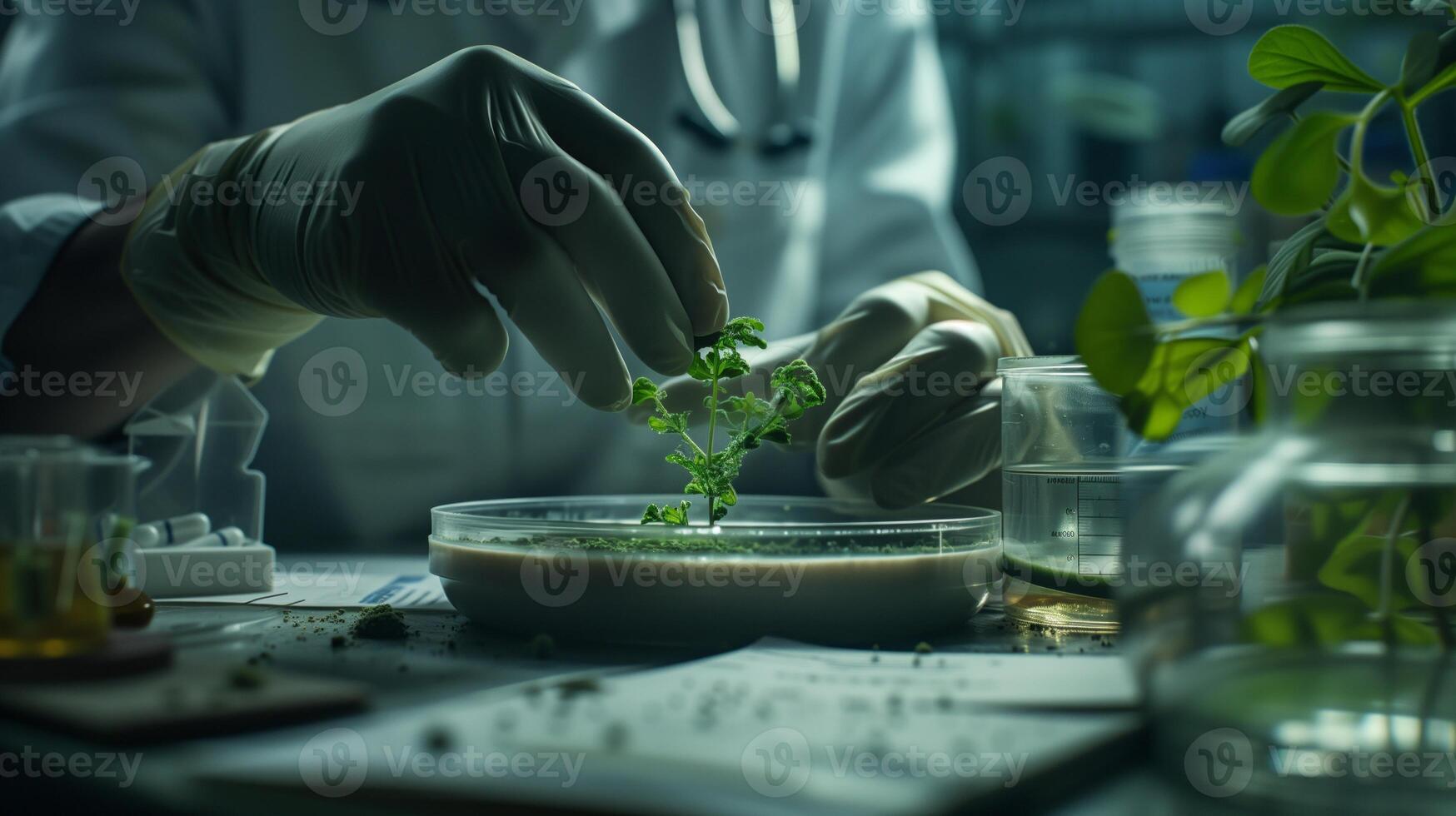 AI generated Close up of biologist's hand is meticulously conducting an experiment to extract compounds from various plants in a laboratory photo