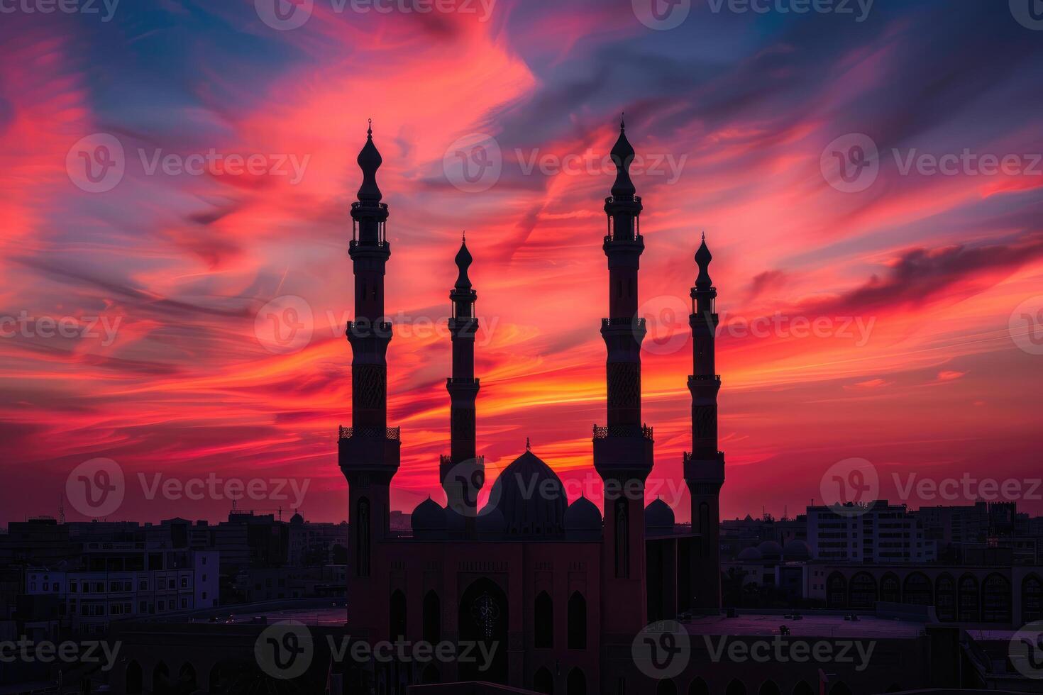 AI generated Majestic Sunset Behind Mosque Minarets in Tranquil Evening. photo