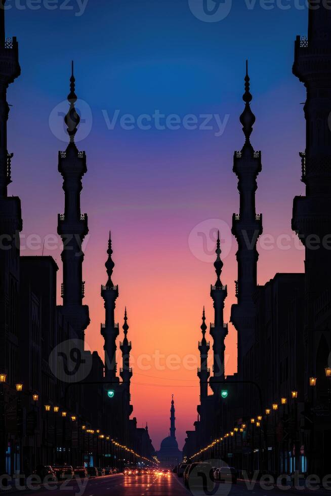 AI generated Majestic Sunset Behind Mosque Minarets in Tranquil Evening. photo