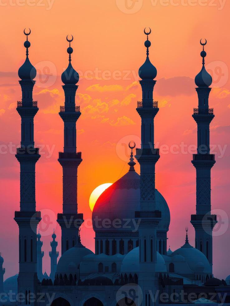 AI generated Majestic Sunset Behind Mosque Minarets in Tranquil Evening. photo