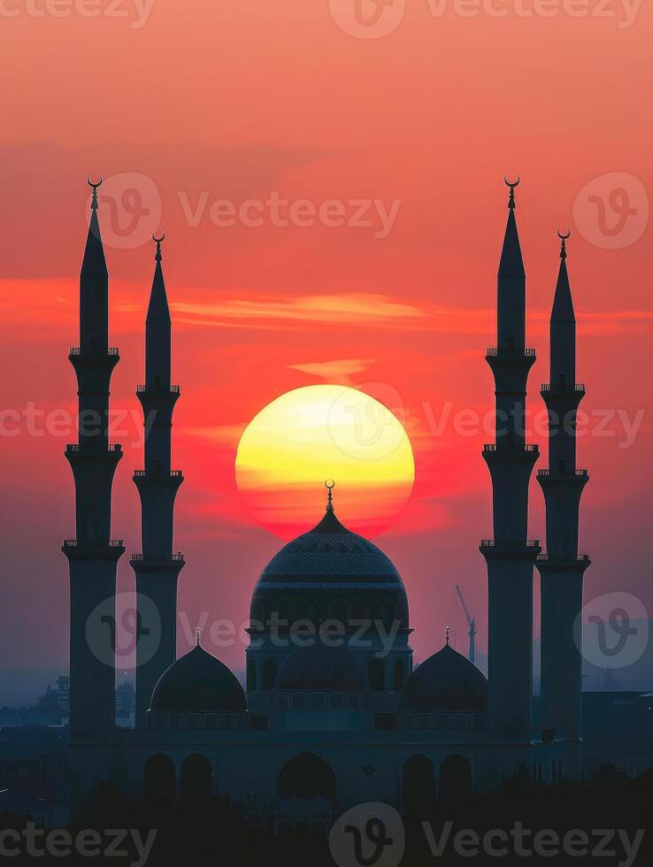 AI generated Majestic Sunset Behind Mosque Minarets in Tranquil Evening. photo