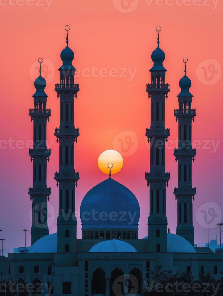 AI generated Majestic Sunset Behind Mosque Minarets in Tranquil Evening. photo