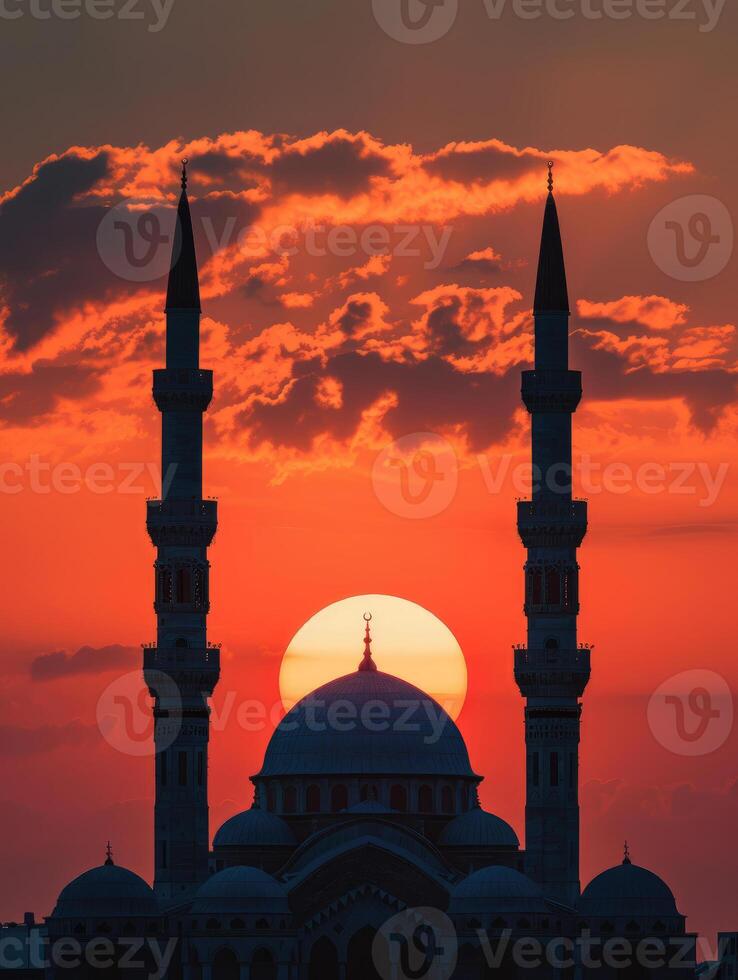 AI generated Majestic Sunset Behind Mosque Minarets in Tranquil Evening. photo