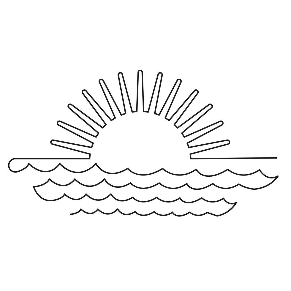 Continuous single line drawing of sunset,sunrise outline vector art, landscape design.