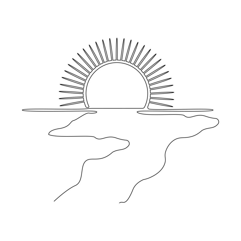 Continuous single line drawing of sunset,sunrise outline vector art, landscape design.