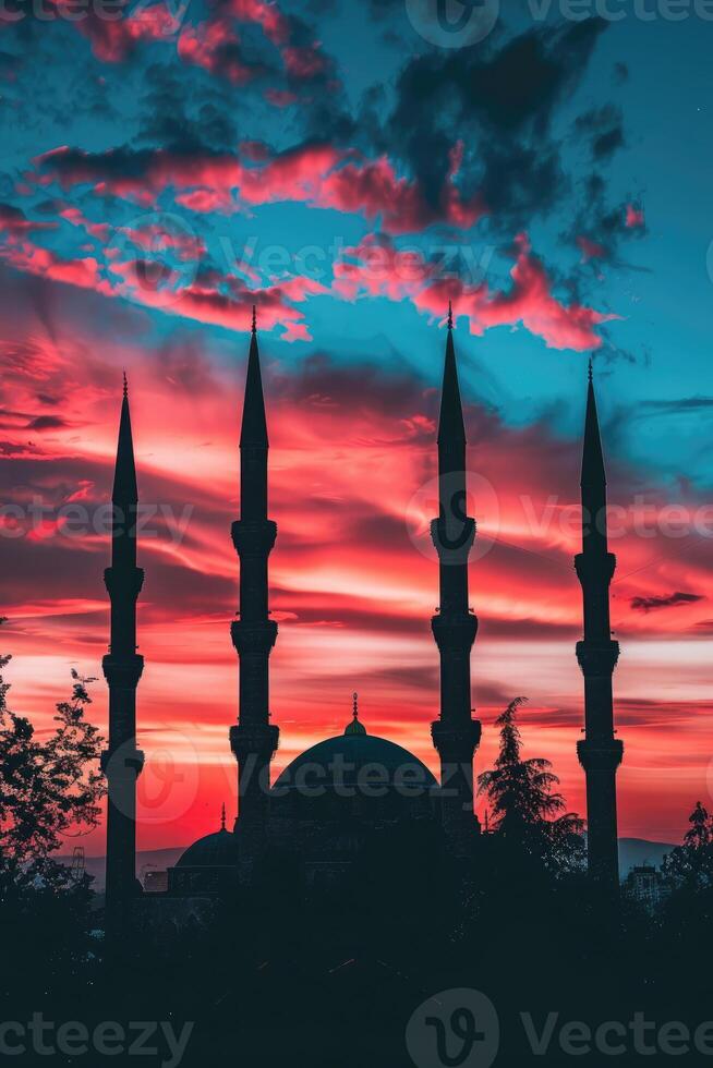 AI generated Majestic Sunset Behind Mosque Minarets in Tranquil Evening. photo