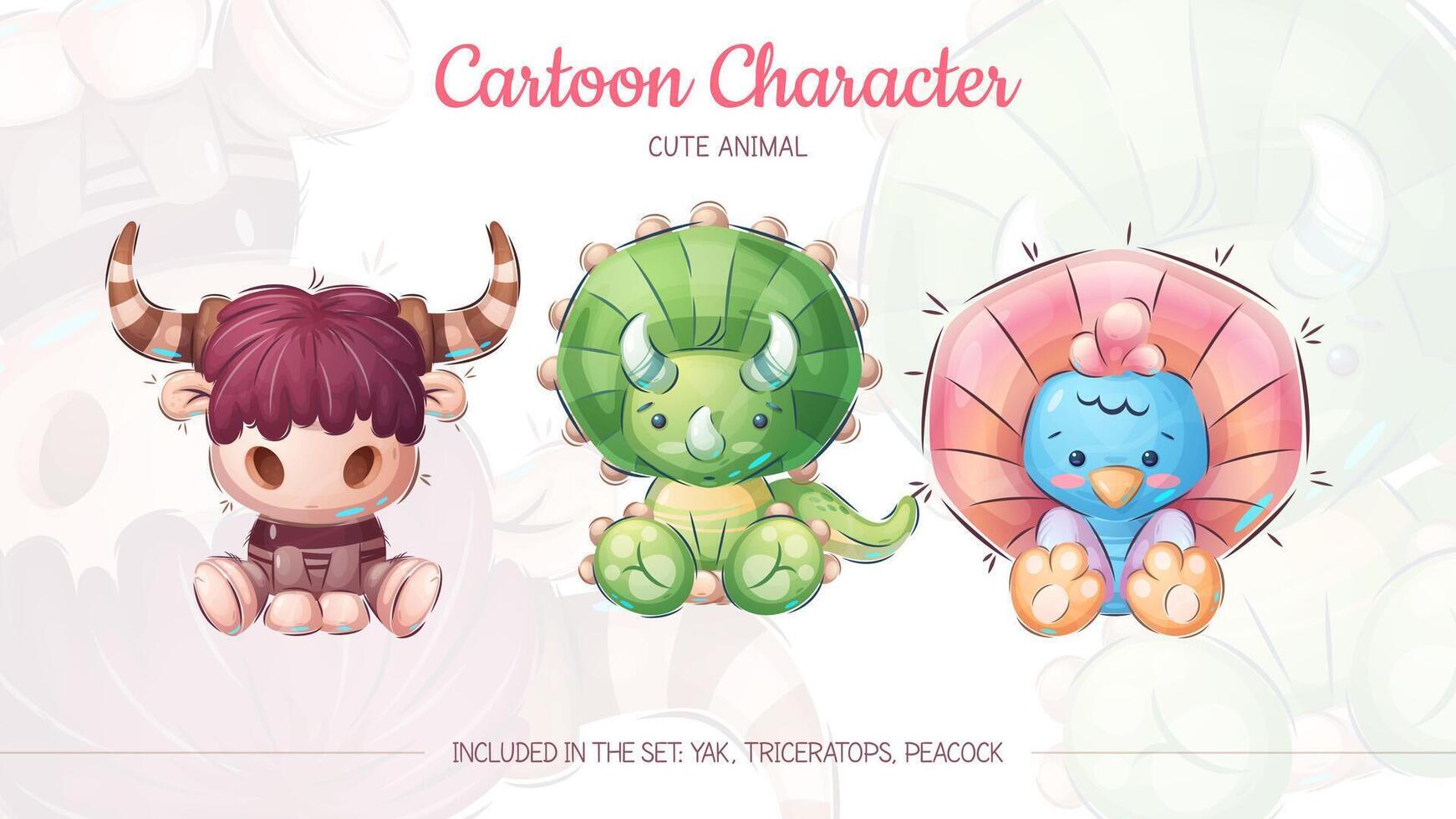 Set 3 Cartoon Characters- Yak, Triceratops, Peacock vector