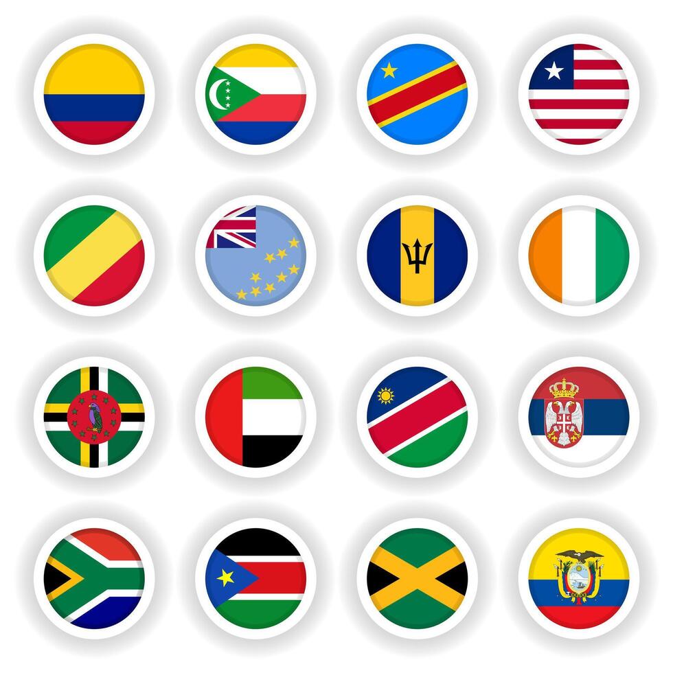 Set of national round flags with shadow vector