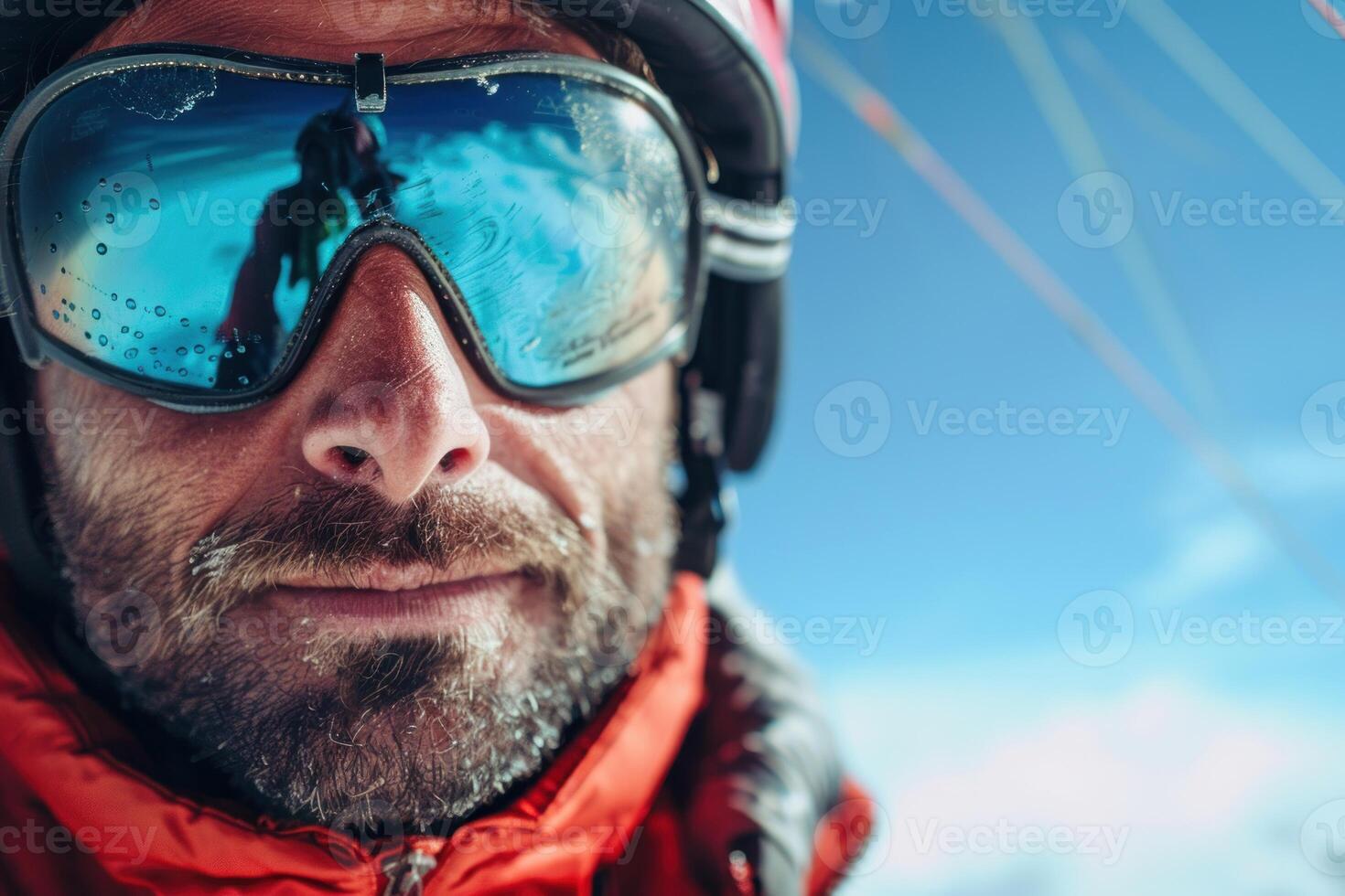 AI generated Intense Close-Up of Skydiver with Reflective Goggles. Detailed close-up of a young skydiver's face with water droplets on reflective goggles, against a clear blue sky. photo