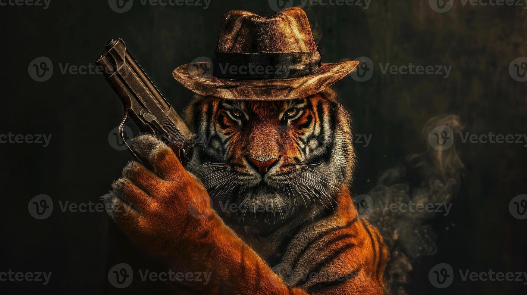 ai generado Tigre en un elegante sombrero blande un arma de fuego con confianza, ai generado foto