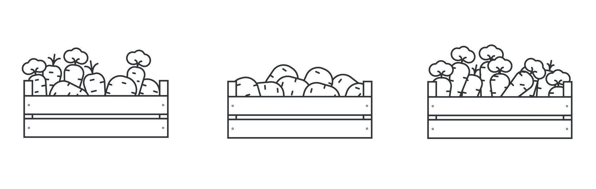 Vegetables in a wooden box line icon. Carrots in a wooden box iconc outline. Potatoes in a wooden box icon. vector