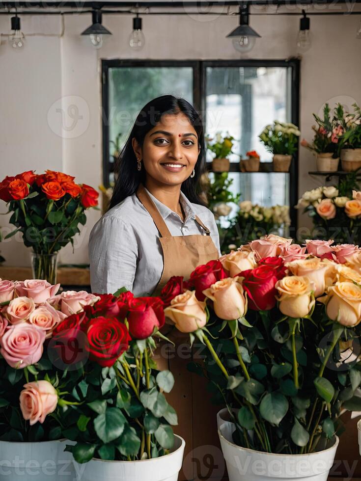 ai generado indio mujer florista recoge un ramo de flores de rosas- Fresco cortar flores en cajas y floreros en almacén y bastidores para venta, entrega para el día festivo. primavera, marzo 8, De las mujeres día, cumpleaños foto