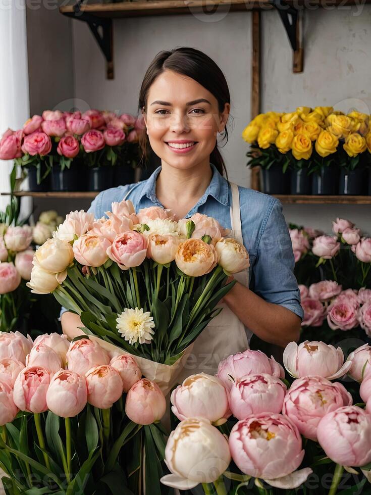 ai generado mujer florista recoge un ramo de flores de piones- Fresco cortar flores en cajas y floreros en flor tienda y bastidores para venta, entrega para el día festivo. primavera, marzo 8, De las mujeres día, cumpleaños foto