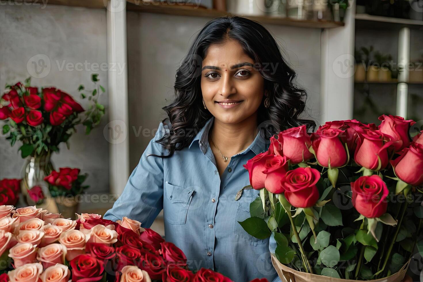 AI generated Indian woman florist collects a bouquet of roses- fresh cut flowers in boxes and vases in warehouse and racks for sale, delivery for the holiday. Spring, March 8, women's Day, birthday photo