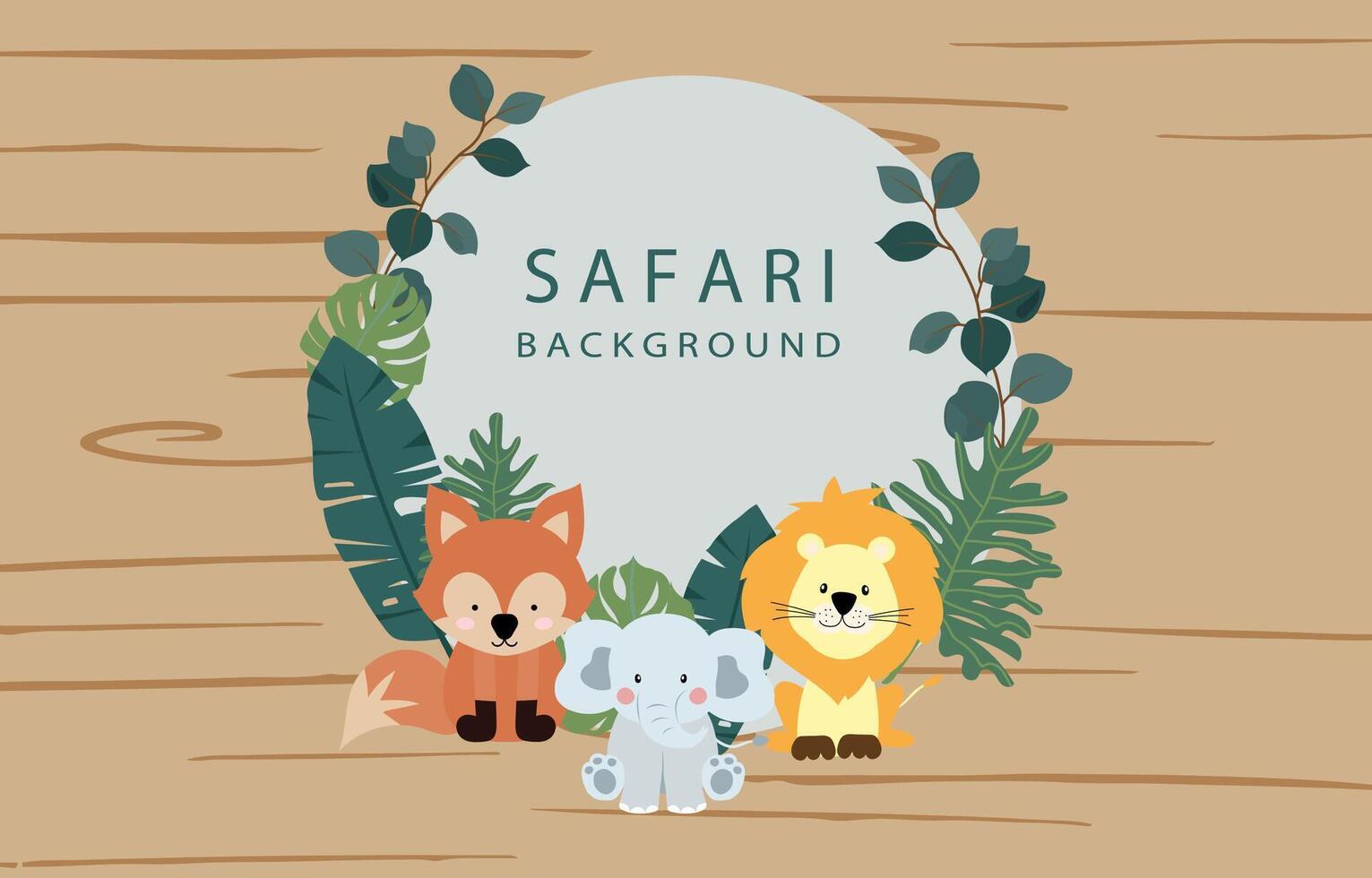safari banner with fox,elephant,lion,fox and leaf frame vector