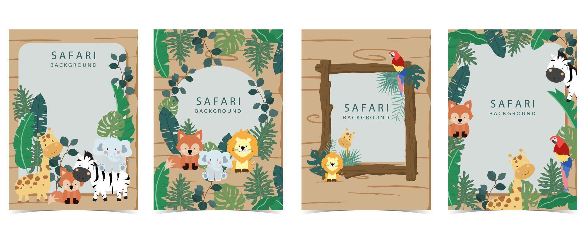 safari bandera con jirafa, elefante, cebra, zorro y hoja marco.vector ilustración para a4 diseño vector