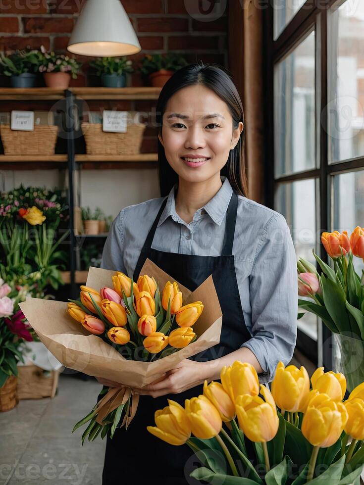 AI generated Asian woman florist collects a bouquet of tulips- fresh cut flowers in boxes and vases in flower shop and racks for sale, delivery for the holiday. Spring, March 8, women's Day, birthday. photo