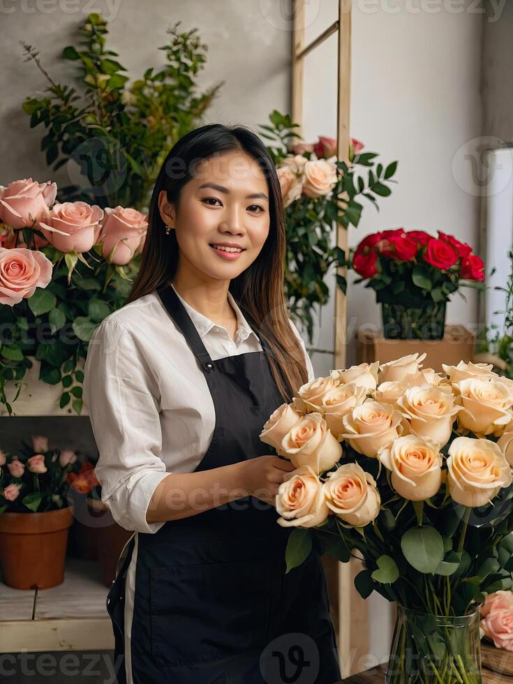 AI generated Asian woman florist collects a bouquet of roses- fresh cut flowers in boxes and vases in flower shop and racks for sale, delivery for the holiday. Spring, March 8, women's Day, birthday. photo