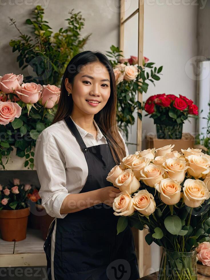 ai generado asiático mujer florista recoge un ramo de flores de rosas- Fresco cortar flores en cajas y floreros en flor tienda y bastidores para venta, entrega para el día festivo. primavera, marzo 8, De las mujeres día, cumpleaños. foto