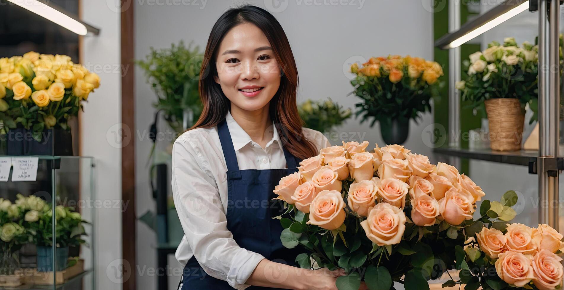 AI generated Asian woman florist collects a bouquet of roses- fresh cut flowers in boxes and vases in flower shop and racks for sale, delivery for the holiday. Spring, March 8, women's Day, birthday. photo