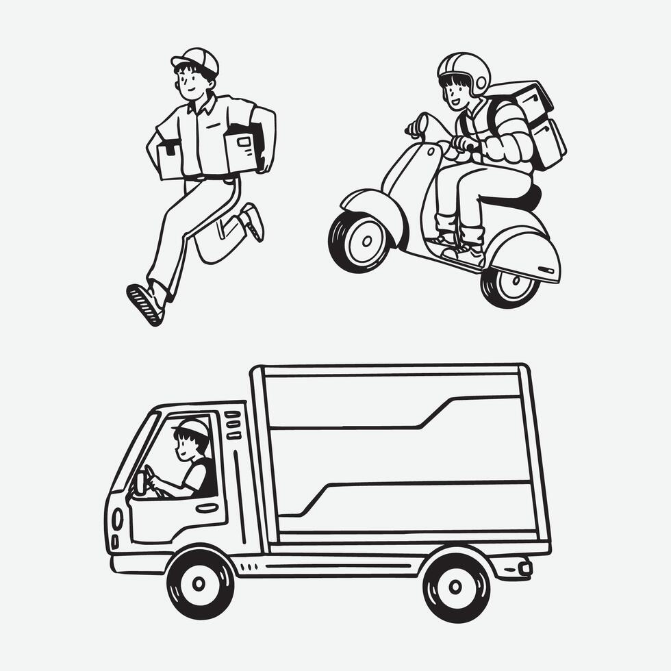 Hand drawn delivery courier illustration setWeb vector