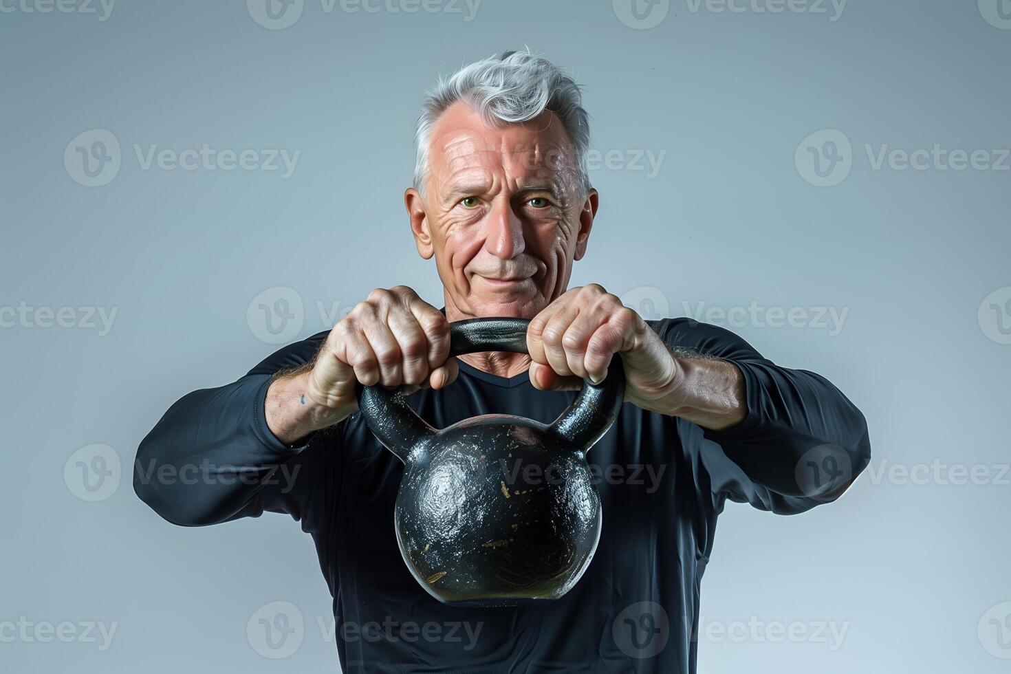 AI generated Senior Caucasian man doing exercise with kettlebell photo