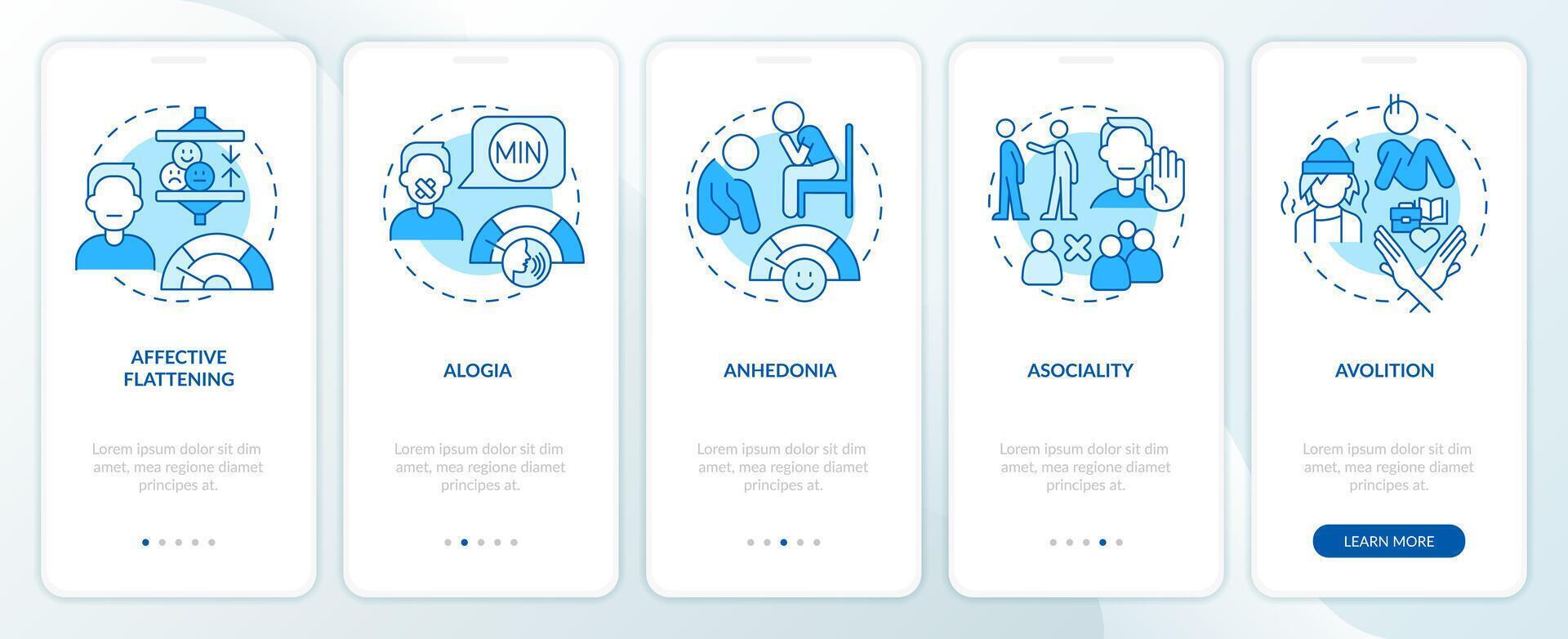 Schizophrenia negative symptoms blue onboarding mobile app screen. Walkthrough 5 steps editable graphic instructions with linear concepts. UI, UX, GUI template vector