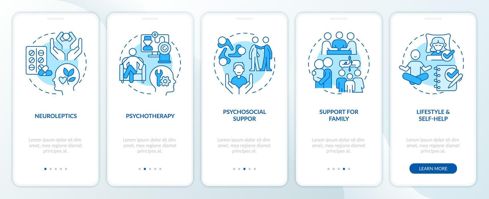 Schizophrenia treatment blue onboarding mobile app screen. Walkthrough 5 steps editable graphic instructions with linear concepts. UI, UX, GUI template vector