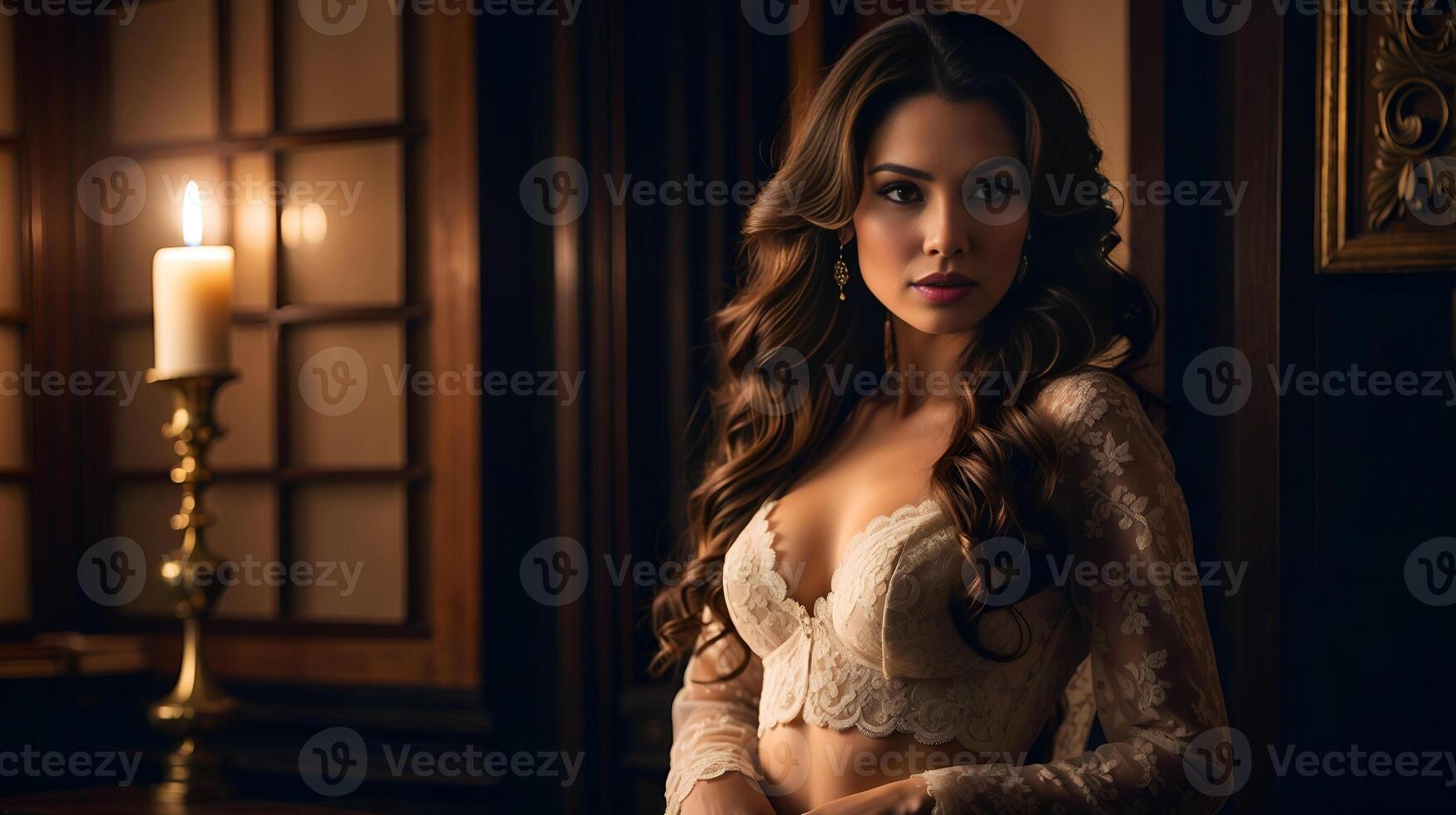 AI generated Sensual woman in beautiful lace lingerie and shirt sitting, touching body and posing on camera. Attractive lady with sexy body wearing elegant underclo photo